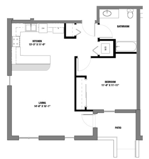 Floor plan for 1 bed, 1 bath, 685 sqft